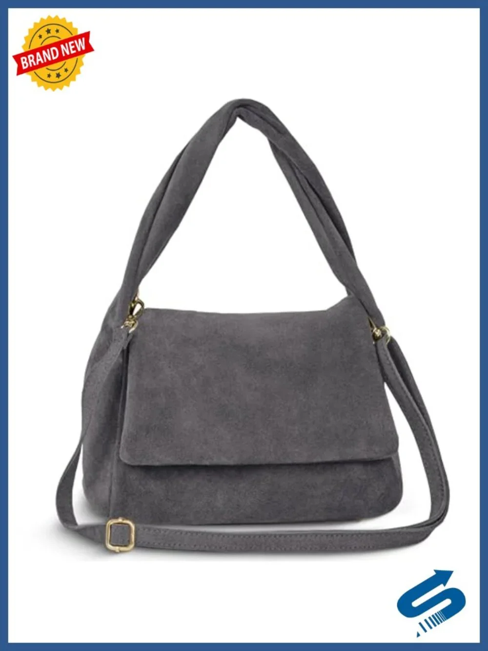 Genuine Suede Top-Handle Bag with Zipper Magnetic Flap & Twisted Handle
